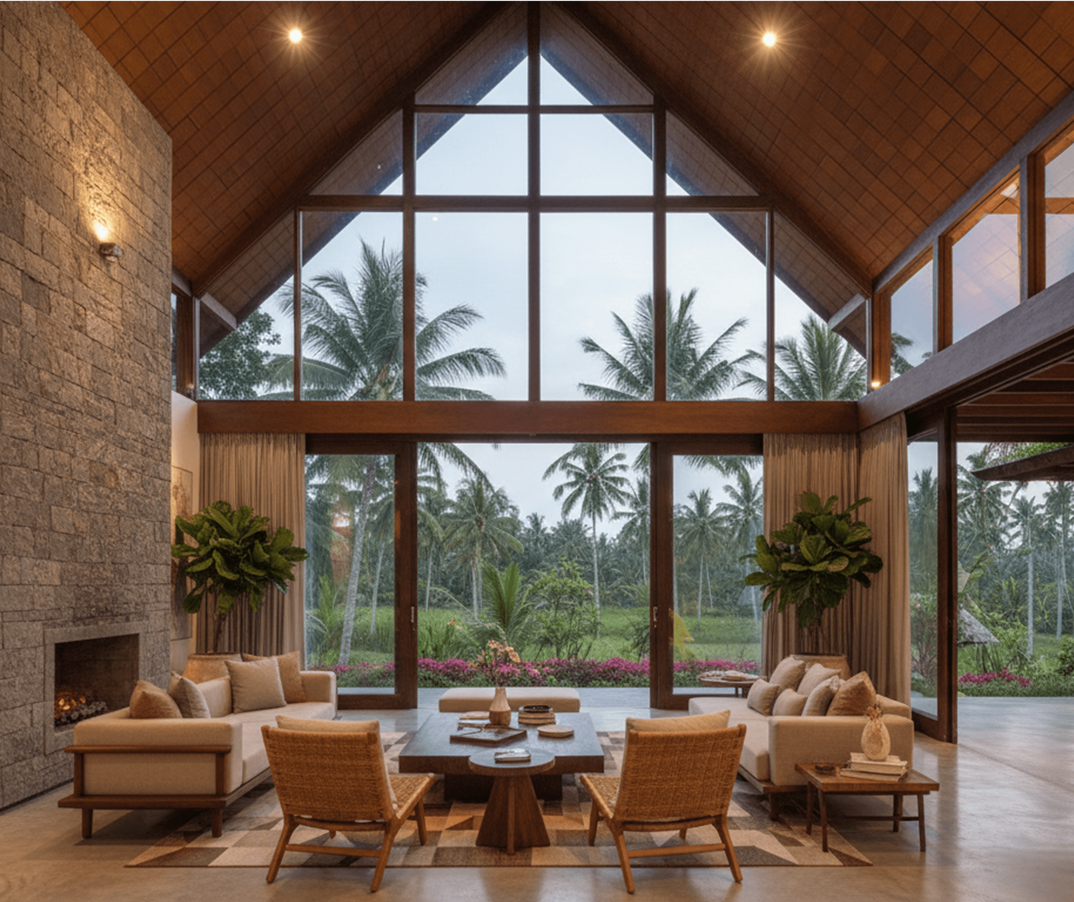Luxury Home Interior with Palm Trees View